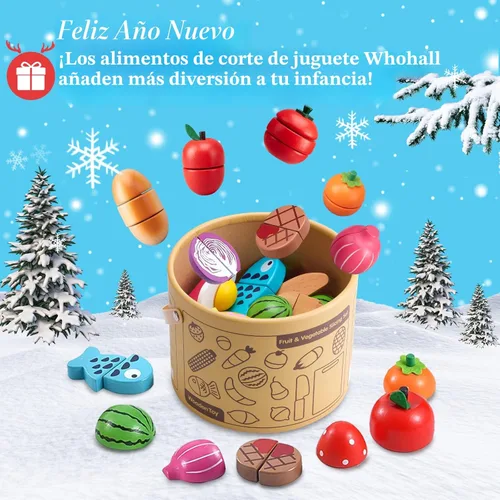 Miniatura 8 de WHOHOLL Juego de 43 piezas de comida de madera para niños, accesorios de cocina con canasta, juguetes de comida de corte de simulación para niños