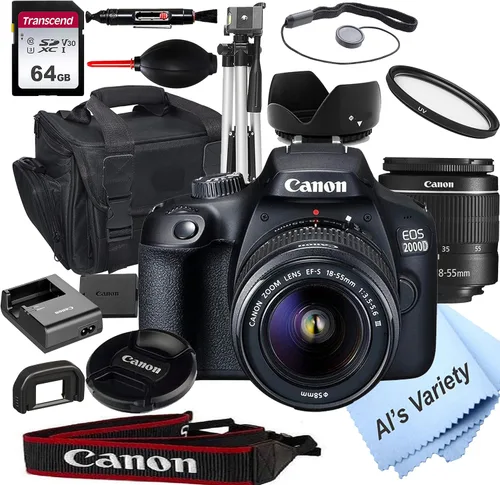 Canon Cámara DSLR EOS 2000D (Rebel T7) con lente de zoom f/3.5-5.6 de 0.709-2.165 in + tarjeta de 64 GB, trípode, funda y más (paquete de 18 piezas)