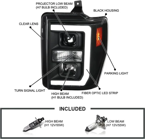 Miniatura 4 de SPEC-D TUNING Faros Proyectores Negros con Barra LED Compatibles con Ford F-250, F-350, F-450, F-550 Super Duty 2008-2010, Juego de Faros Izquierdo