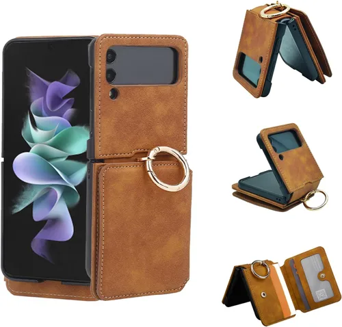 Miniatura 11 de Asuwish Funda de teléfono para Samsung Galaxy Z Flip 3 5G 2021 con anillo cruzado correa con cordón para tarjeta de crédito, soporte para celda, Oro