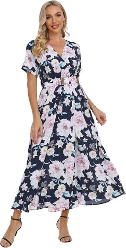VintageClothing Vestidos de verano para mujer 2023 estampado floral, cuello en V, manga corta, dividido, largo, para fiesta en la playa