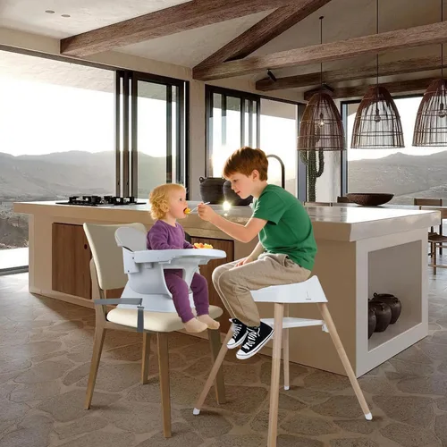 Miniatura 9 de Silla alta convertible 9 en 1 con asiento elevador, trona de madera para bebés y niños pequeños con bandeja extraíble y arnés de 5 puntos, asiento