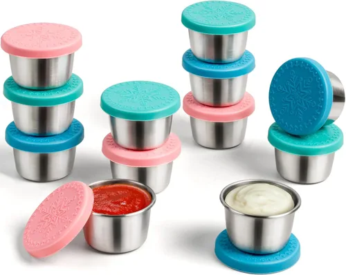 Miniatura 8 de Freshmage [Paquete de 6 de 2.4 onzas] Recipiente de aderezo de acero inoxidable con tapas de silicona, recipientes reutilizables a prueba de fugas