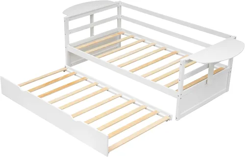Miniatura 9 de Quarte Sofá cama multifuncional de tamaño individual con nido y estantes plegables en ambos lados, sofá cama con marco de madera y listones