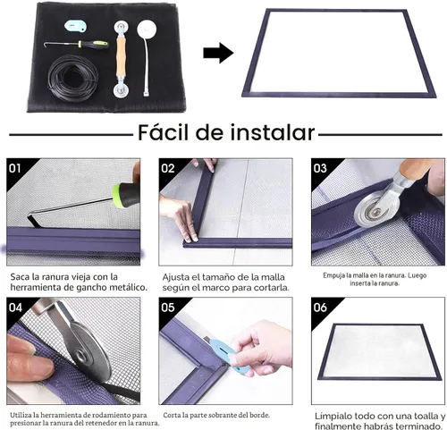 Miniatura 2 de Kit de reparación de mosquiteros de ventanas y puertas mosquitero, malla de fibra de vidrio color carbón de 48"x118" con herramienta de Negro