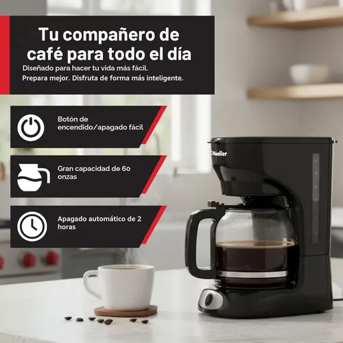 Miniatura 2 de Mueller - Cafetera de goteo de 12 tazas, jarra de borosilicato, apagado automático, filtro reutilizable, antigoteo, función de mantener el calor