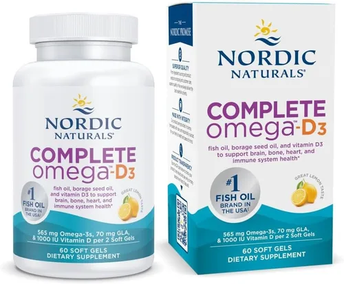 Nordic Naturals Omega-D3 completo, sabor a limón, 60 geles suaves, 565 mg de omega-3 + 70 mg de GLA + 1000 UI de vitamina D3, EPA y DHA, piel