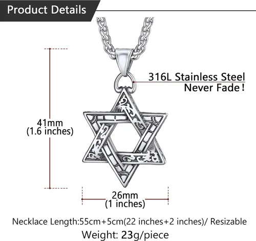 Miniatura 64 de U7 - Collar con Estrella de David para hombres y mujeres, dije hexagonal de acero inoxidable con cruz/piedra de rubí/collares clásicos judíos