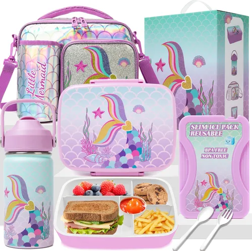 Miniatura 18 de Caja Bento para Niños Lonchera para Niños Caja Bento para Niños Juego de Lonchera con 5 Compartimentos Botella de Acero Inoxidable para Agua, Bolsa