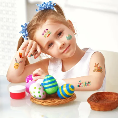 Miniatura 2 de 66 tatuajes de Pascua, 12 hojas coloridas de huevos de conejo, pollo, flores de primavera, calcomanías de mariposa para relleno de huevos de Pascua