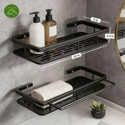EVALAND Paquete de 2 soportes adhesivos para ducha con ganchos y barra para toallas, color negro, estantes de ducha de baño de alta calidad,