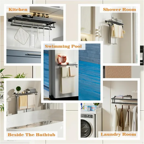 Miniatura 9 de Alise - Toallero para baño con montaje en pared, soporte de toallas de baño con doble barra para toallas y estante, 40.6 cm, SUS304 de acero Negro