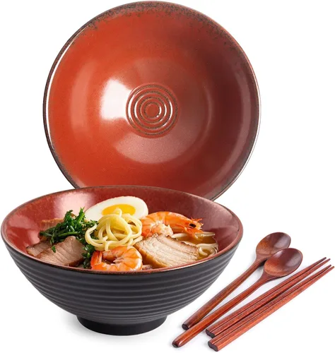 Miniatura 10 de Juego de cuencos de cerámica japoneses para ramen, 2 juegos de cuencos asiáticos para fideos para sopa Pho Udon con cucharas y palillos