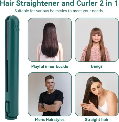 Miniatura 2 de Alisador y rizador de pelo 2 en 1, mini rizador de pelo USB de cerámica, calefacción inalámbrica, plancha plana (verde)