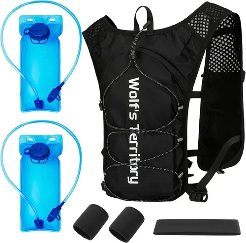 Mochila de hidratación con 2 vejigas de agua de 2 litros, mochila de agua ligera para senderismo, chaleco de hidratación con 2 muñequeras y 1 banda