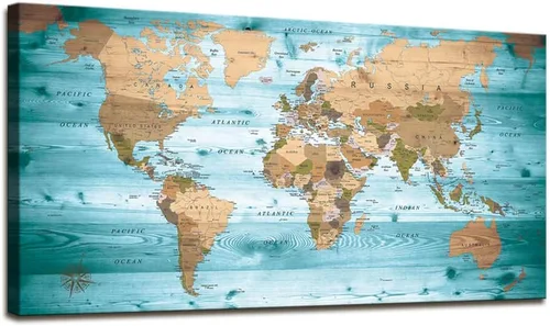 Lienzo para pared, diseño de mapas del mundo, póster vintage con estilo marítimo - 1 cuadro grande de arte moderno enmarcado con un mapa del mundo