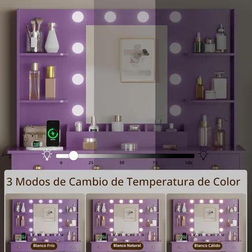 Miniatura 6 de HUANLEGO Escritorio de tocador con espejo y luces, tocador de maquillaje con espejo y luces LED y toma de corriente, 3 cajones y armarios, 3 modos