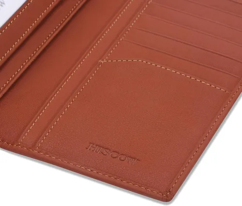 Miniatura 6 de HISCOW Cartera larga de cuero delgada para hombres y mujeres, piel de becerro italiana, cartera de bolsillo en el pecho para chequera, tarjetas