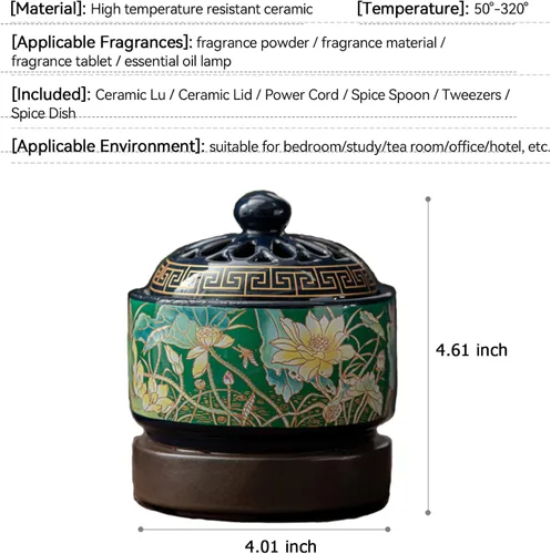 Miniatura 3 de Quemador de incienso eléctrico de cerámica esmaltada, soporte de incienso clásico, loto chino con temporizador, cuchara, plato, pinzas