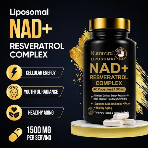 Miniatura 5 de Complejo liposomal NAD+ resveratrol, suplemento NAD de 1500 mg para mujeres y hombres con ácido hialurónico y extracto de pimienta negra, apoyo