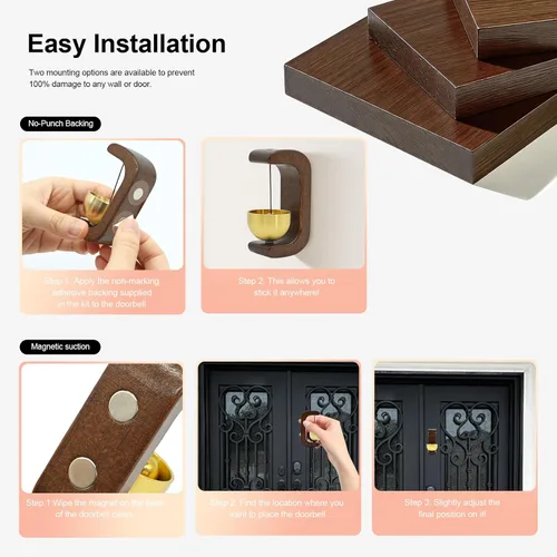Miniatura 5 de Campanas magnéticas para puerta, paquete de 2 campanas de viento de madera para apertura de puertas, alerta de entrada adhesiva inalámbrica