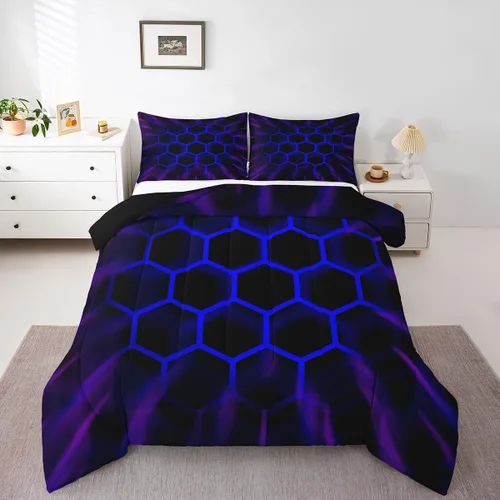 Miniatura 14 de Juego de ropa de cama individual de panal para niños y niños, color negro, verde azulado, azul, hexagonal, geométrico, patrón de colmena, edredón
