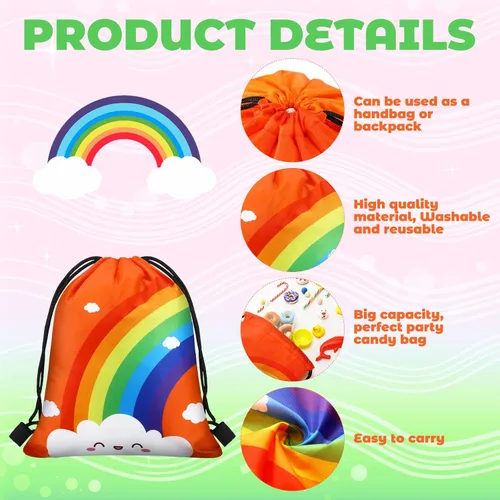 Miniatura 4 de Ferraycle 24 bolsas de regalo de fiesta de arco iris, suministros de fiesta de cumpleaños, bolsas con cordón, mochila de regalo, decoraciones