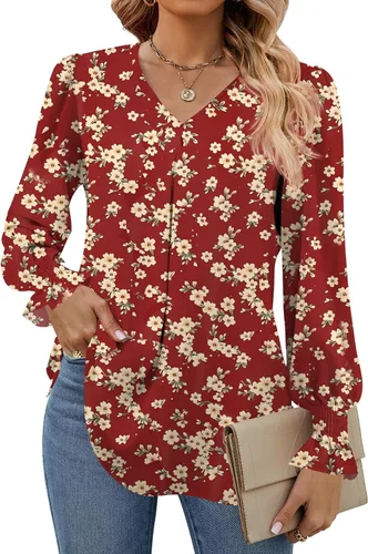 Miniatura 27 de Funlingo Blusas de mujer con mangas largas 2025, elegantes y casuales, con cuello en V, túnica suelta de gasa para el trabajo