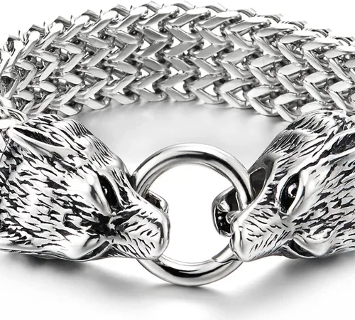 Miniatura 3 de COOLSTEELANDBEYOND Biker - Pulsera de acero inoxidable para hombre con cabeza de lobo con cierre de anillo de resorte