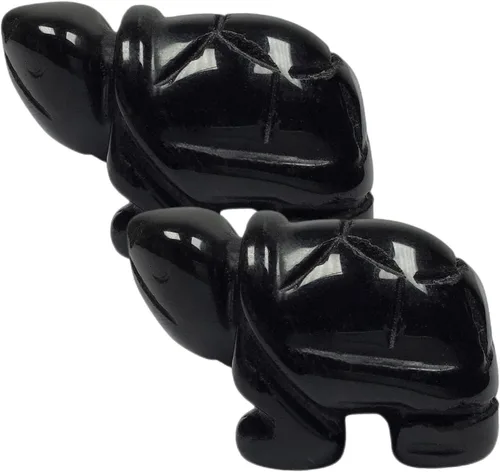 Juego de 2 figuras de tortuga de cristal de obsidiana negra de 1.5 pulgadas, estatuas de animales de piedra tallada con bolsillo de palma curativa
