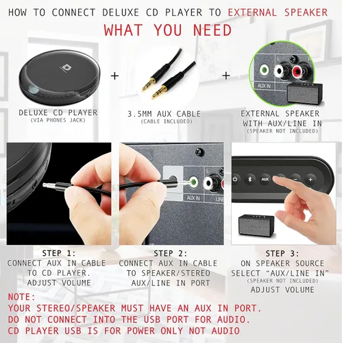 Miniatura 4 de Deluxe Products Reproductor de CD portátil con protección antideslizante de 60 segundos, auriculares estéreo, incluye cable de entrada auxiliar