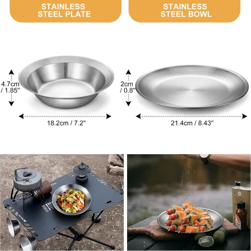 Miniatura 5 de Odoland Juego de utensilios de cocina de acero inoxidable para acampar para familia y persona, cubiertos de vajilla de cocina con platos, tazones