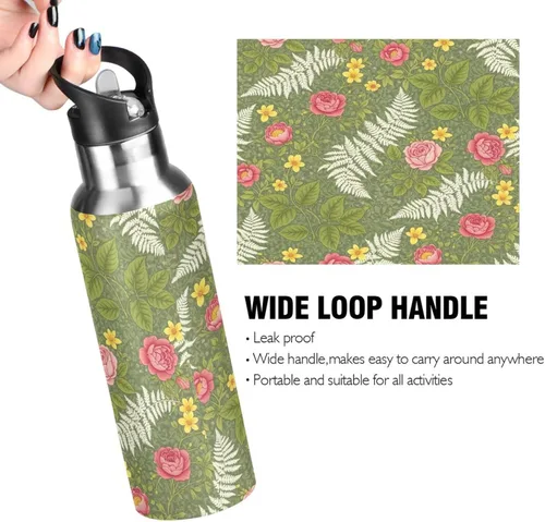 Miniatura 4 de Vintage Botanical Flowers Green Stainless Steel Vacuum Insulated Water Bottle 20 Oz Leakproof Water Bottles, BPA-Free Sports Water Bottle