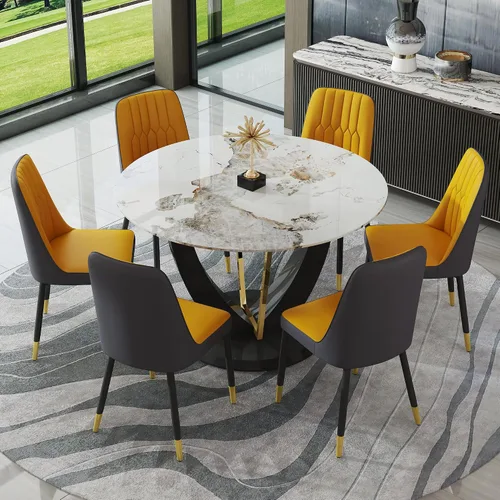 Miniatura 15 de JUFU Juego de mesa de comedor redonda para 4, mesa de comedor de 48 pulgadas con mesa de mármol sintético y 4 sillas tapizadas, moderno juego