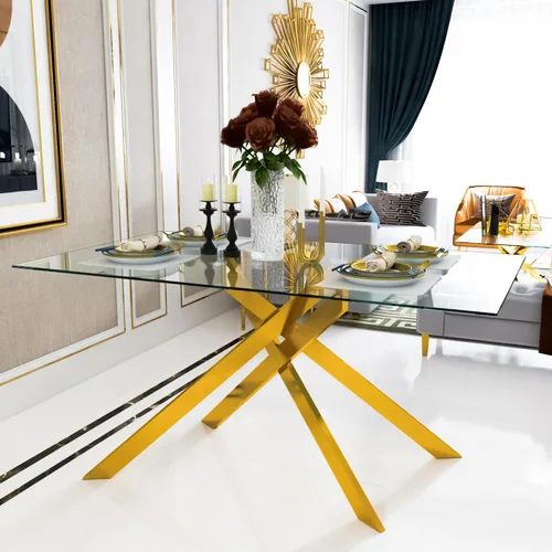 Miniatura 3 de Mesa de comedor rectangular de 51.18" de vidrio templado, mesa de cocina con patas de metal, elegante y robusta mesa de cena para interiores y Dorado