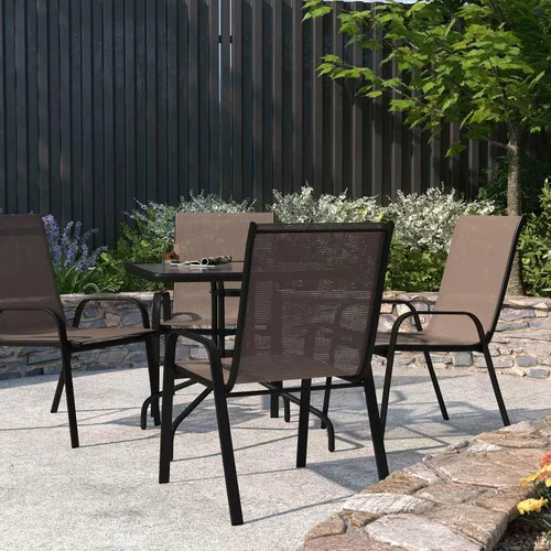 Merrick Lane Juego de 4 sillas de patio de la serie Manado – Material marrón Flex Comfort – Marco de metal con recubrimiento en polvo – Se apilan