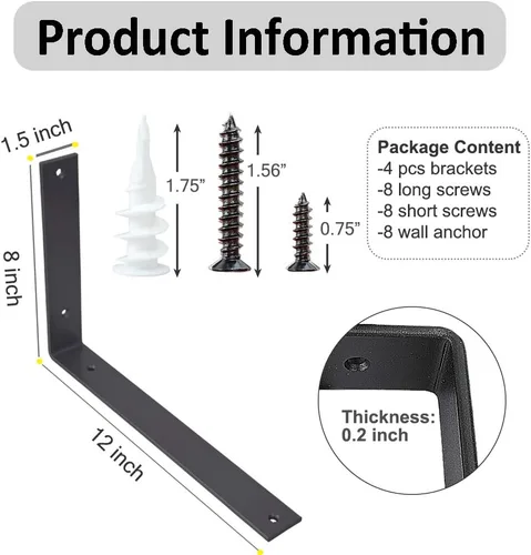 Miniatura 2 de Soportes para estantes de pared de 12 pulgadas, 4 soportes resistentes para estantes, soportes industriales rústicos de metal negro para estantes