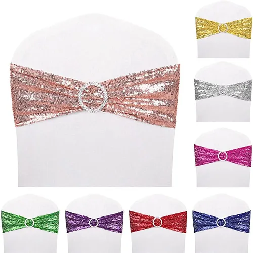 Miniatura 3 de Fajas de lentejuelas para sillas de elastano, paquete de 6 bandas elásticas de lentejuelas con hebilla para bodas, banquetes, cumpleaños, Oro rosa