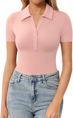 Miniatura 10 de HERLOLLYCHIPS Womens Short Sleeve Tops V Neck Button Down Collared Fitted Shirts
