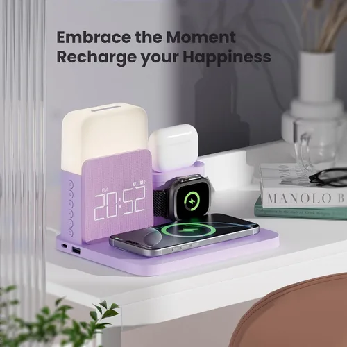 Miniatura 5 de Estación de carga inalámbrica, soporte de carga inalámbrica 7 en 1 con reloj de alarma dual, base de carga para iPhone Púrpura