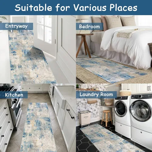 Miniatura 7 de Lahome Alfombra moderna abstracta azul para baño, alfombra larga lavable de 2x6 para pasillo, suave, antideslizante, alfombra de piso azul, alfombra