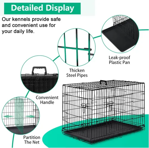 Miniatura 6 de FDW Jaula XL para perros con doble puerta, jaula plegable de alambre de metal de 42 pulgadas con bandeja extraíble y panel divisor, jaula para Negro