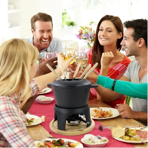 Miniatura 8 de Juego de fondue tradicional de hierro fundido esmaltado negro mate para fondue suiza, 12 piezas, para carne, chocolate y queso, hierro fundido