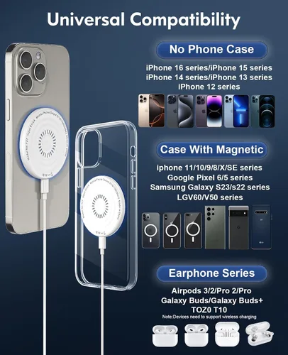 Miniatura 8 de Para cargador MagSafe: 2 paquetes de 15 W cargador inalámbrico magnético de carga rápida para iPhone 16 15 14 13 12 Series y AirPods 4-2 Pro, imán