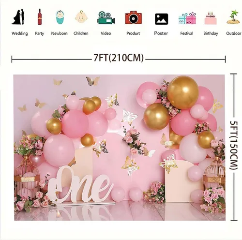 Miniatura 8 de Telón de fondo de 1er cumpleaños para niña, globos rosados, mariposa dorada, dulce para niños, decoración de fiesta de cumpleaños, fotografía