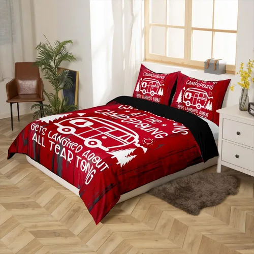Miniatura 2 de Decoraciones para caravanas de remolques, funda de edredón de campamento feliz, juego de ropa de cama rústica color rojo de 3 piezas para niños