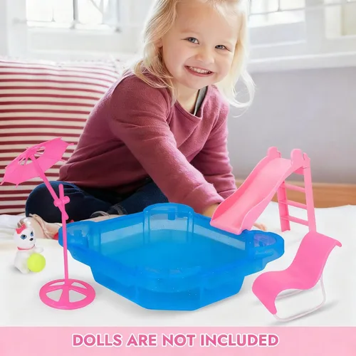 Miniatura 7 de BETTINA Juego de Piscina - Piscina Glamorosa con Tobogán, Accesorios de Piscina para Muñecas Incluye Silla de Playa, Sombrilla de Playa, Perro