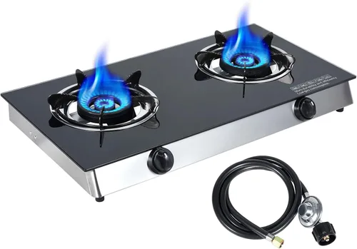 BESTFIRE Placa de cocina de gas propano de 2 quemadores, estufa portátil de vidrio templado de 30,000 BTU con encendido automático, regulador y