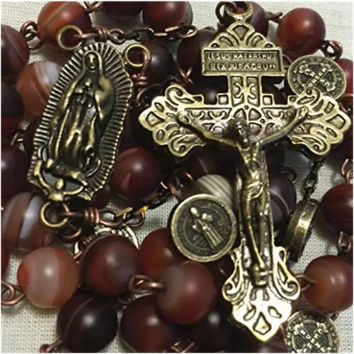 elegantmedical Hecho a mano con cuentas de cornalina antiguas católicas de San Benito Rosario Collar Cruz Perdón Regalo, elegantmedical