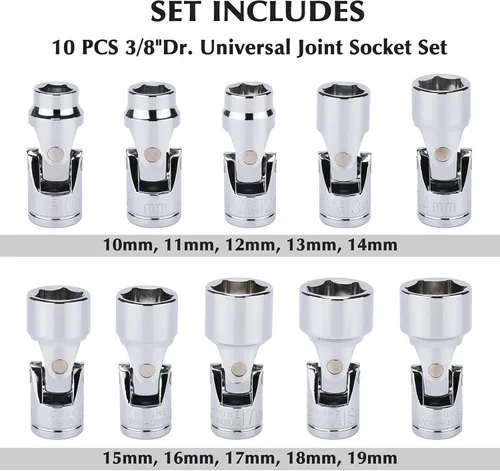 Miniatura 2 de EMENTOL Juego de llaves de vaso universal de 10 unidades, 3/8 pulgadas, 6 puntos, juego de enchufes flexibles universales métricos, CR-V, cabeza